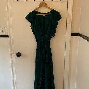 Reformation Deep Green Wrap Dress with Flutter Sleeves
